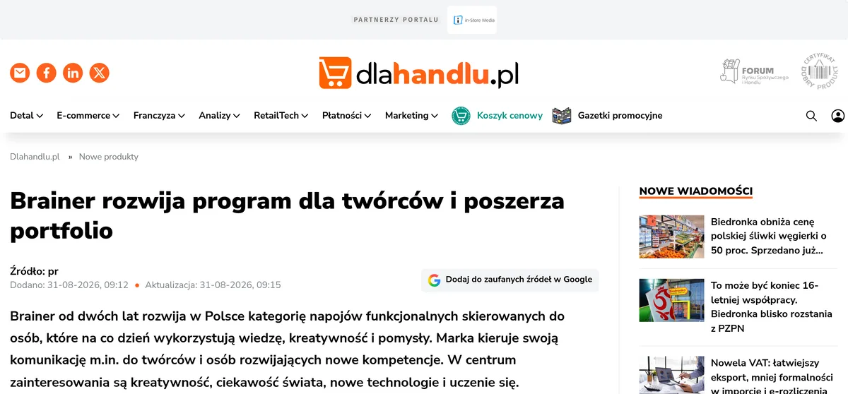 Artykuł w dlahandlu.pl o programie Brainera dla twórców