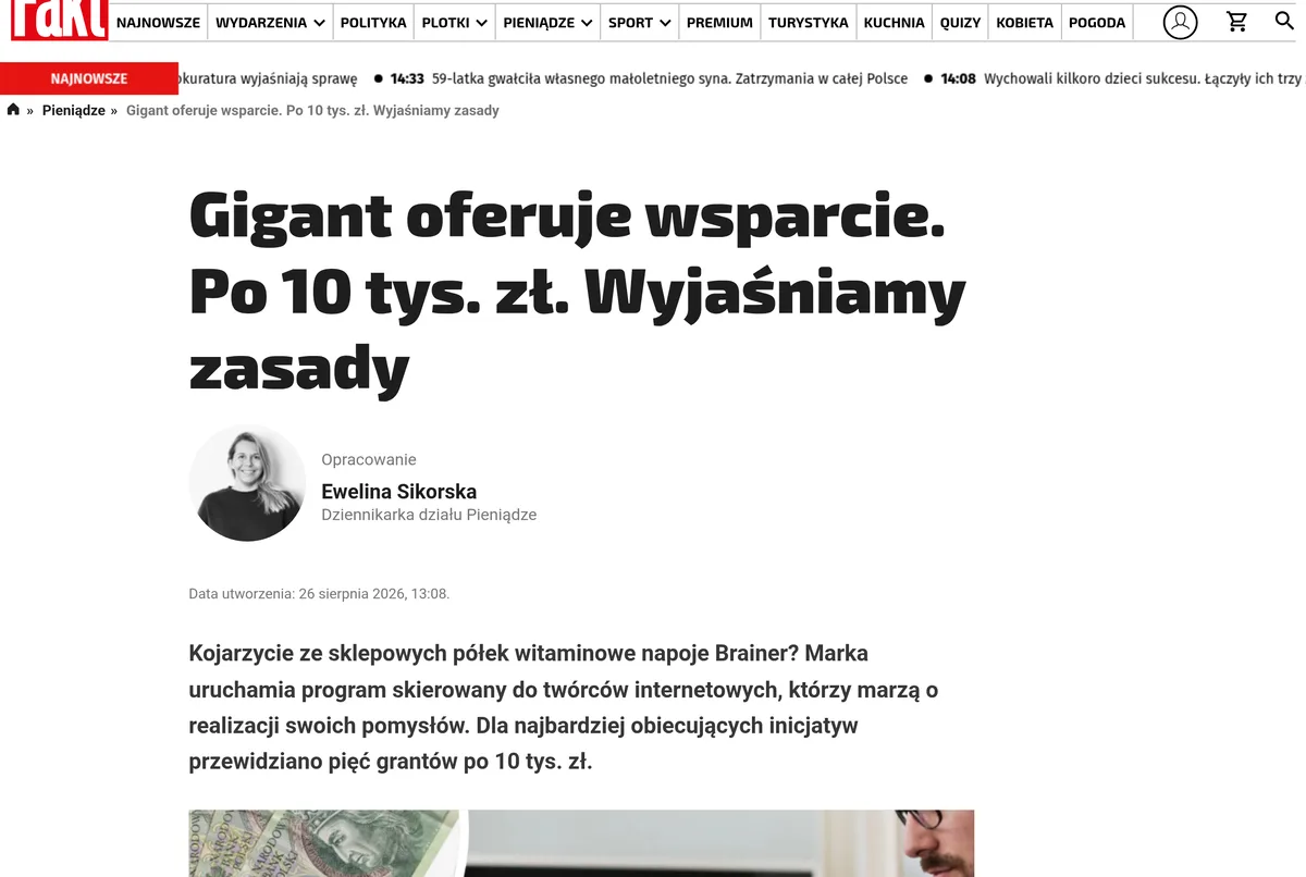Artykuł w Fakcie o grantach po 10 tys. zł dla twórców