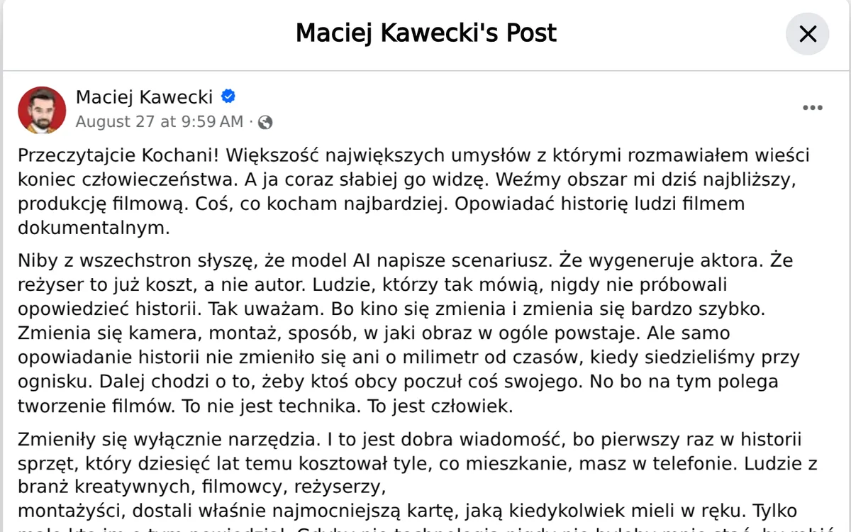 Post Macieja Kaweckiego na Facebooku o Brainer Venture